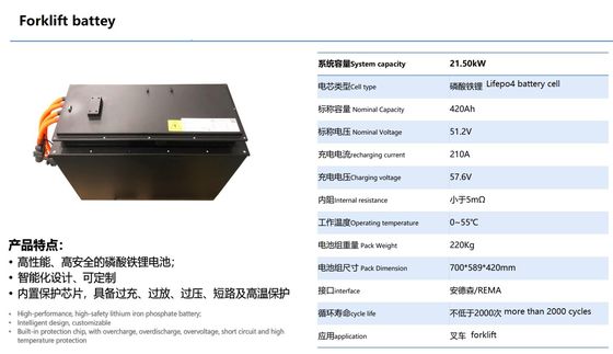 지게차 21.5KW 재충전이 가능한 LiFePO4 배터리 깊이인 사이클 51.2V 420Ah